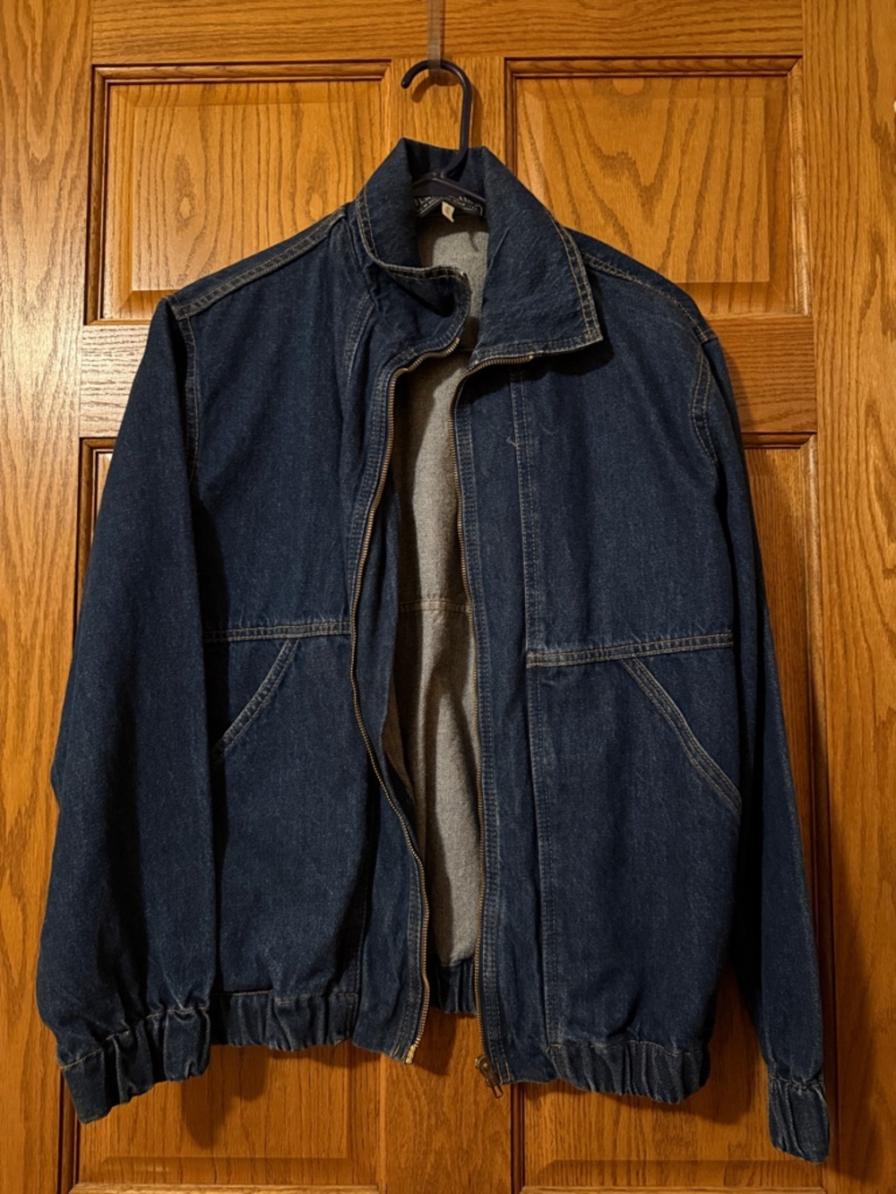 Men's Dark Blue Denim Bomber Jacket with Zip